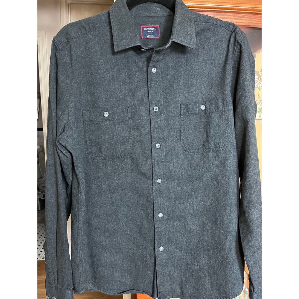 UNTUCKit Hemsworth Shirt Mens Medium Slim Fit Charcoal Grey Herringbone